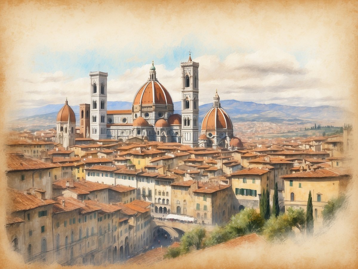 Eine malerische Aussicht auf die Stadt Florenz in der Toskana, mit der beeindruckenden Kathedrale Santa Maria del Fiore im Mittelpunkt, deren große Kuppel und eleganter Campanile die Skyline dominieren. Umgeben von charmanten, mit Ziegeldächern gedeckten Gebäuden, erstreckt sich die Stadt über sanfte Hügel, während im Hintergrund eine weite, hügelige Landschaft zu sehen ist. Der Himmel ist hell und strahlend mit einigen Wolken, die die romantische Atmosphäre der Stadt unterstreichen.