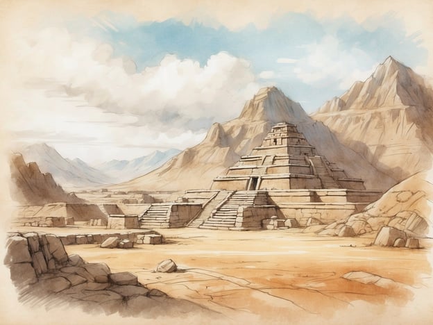 Das Bild zeigt eine beeindruckende archäologische Stätte, die an die antike Stadt Caral erinnert, die als eine der ältesten Zivilisationen in Amerika gilt. Caral, gelegen im heutigen Peru, entstand vor über 5.000 Jahren und ist für ihre monumentalen Pyramiden und komplexen sozialen Strukturen bekannt.

Die Landschaft um Caral ist geprägt von trockenen Gebieten und hohen Bergen, was auf eine strategisch gewählte Lage für Handel und Landwirtschaft hindeutet. Die Pyramiden, ähnlich denen im Bild, waren sowohl religiöse als auch soziale Zentren, die die Gemeinschaft vereinten. Die spezifischen Merkmale dieser Kultur, wie ihre architektonischen Techniken und landwirtschaftlichen Praktiken, haben dazu beigetragen, dass Caral als eine der Wiegen der Zivilisation gilt. 

Das Bild vermittelt also die majestätische Präsenz und die kulturelle Bedeutung einer Stätte, die tief in der Geschichte verwurzelt ist und die Entwicklung früher Zivilisationen in Amerika widerspiegelt.