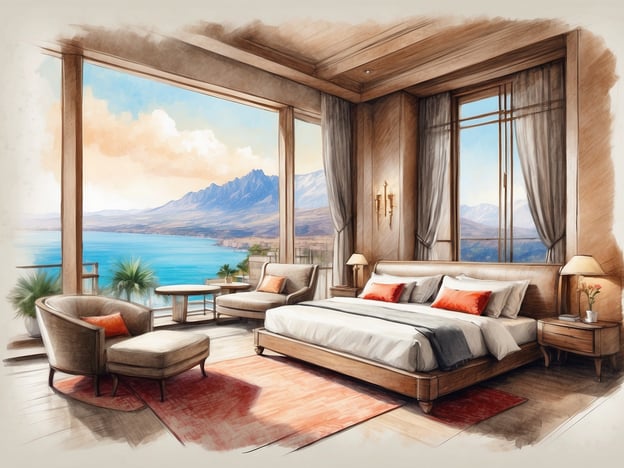 Auf dem Bild ist ein elegantes Schlafzimmer zu sehen, das eine atemberaubende Aussicht auf einen See und Berge bietet. Die großen Fenster lassen viel Licht herein und ermöglichen einen freien Blick auf die Landschaft. 

Die Dienstleistungen und Annehmlichkeiten umfassen:

- **Komfortable Möbel**: Ein großes Bett mit dekorativen Kissen, gemütliche Sessel und ein kleiner Tisch zum Entspannen.
- **Moderne Ausstattung**: Das Zimmer scheint gut ausgestattet zu sein, was auf Annehmlichkeiten wie einen Fernseher oder WLAN hindeuten könnte.
- **Ästhetische Gestaltung**: Hohe Decken und geschmackvolle Dekoration sorgen für ein luxuriöses Ambiente.
- **Naturblick**: Der herrliche Blick auf die Natur schafft eine entspannende Atmosphäre.

Insgesamt strahlt der Raum eine einladende und ruhige Aura aus, ideal für Erholung und Entspannung.