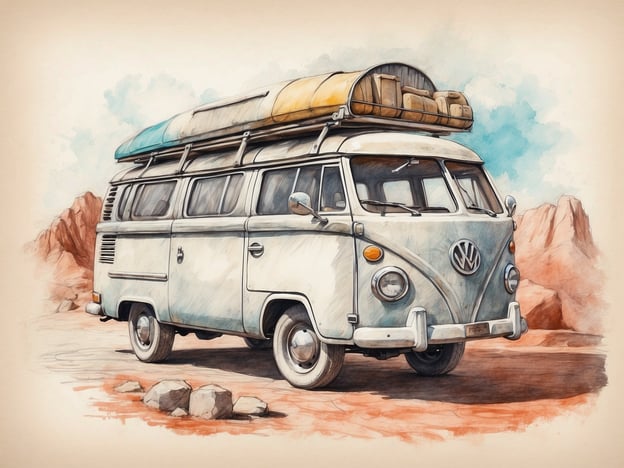 Auf dem Bild ist ein klassischer Volkswagen-Bus zu sehen, der oft als VW Bulli bezeichnet wird. Dieser ikonische Transporter wurde erstmals in den späten 1940er Jahren produziert und hat sich seitdem zu einem Symbol für Freiheit, Abenteuer und den Lebensstil der Hippiebewegung entwickelt.

Einige Besonderheiten des VW Bulli sind:

1. **Design:** Der Bus hat ein markantes, rundes Design mit großen Fenstern, die eine helle und luftige Innenausstattung ermöglichen. Die Form und das Aussehen sind bis heute unverwechselbar.

2. **Vielseitigkeit:** Der VW Bulli wurde in verschiedenen Konfigurationen hergestellt, darunter als Kombi, Campingbus und Lieferwagen. Insbesondere die Campingversion hat in den 1960er und 70er Jahren große Beliebtheit erlangt, da sie Reisenden die Möglichkeit bot, überall unterwegs zu campen.

3. **Kulturgeschichte:** Der VW Bulli spielt eine wichtige Rolle in der Popkultur und wurde häufig in Filmen, Musik und Kunst dargestellt. Er steht für den Freigeist und die Abenteuergeschichte vieler Generationen.

4. **Reise und Abenteuer:** Auf dem Bild ist der Bus mit einem Dachgepäckträger ausgestattet, auf dem wahrscheinlich Surfbretter oder weitere Gepäckstücke liegen, was auf die Verwendung für Reisen und Outdoor-Aktivitäten hinweist.

Insgesamt symbolisiert der VW Bulli ein Lebensgefühl, das für Unabhängigkeit und das Erkunden neuer Horizonte steht.