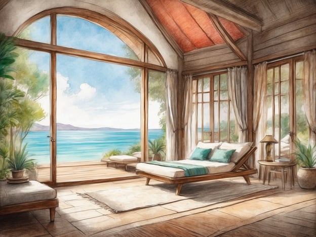 Auf dem Bild ist ein helles und einladendes Zimmer zu sehen, das harmonisch mit der Natur verbunden ist. Große Fenster bieten einen atemberaubenden Blick auf das Wasser und die Umgebung. Das Zimmer ist mit einem komfortablen Bett und gemütlichen Sitzgelegenheiten ausgestattet, was eine entspannende Atmosphäre schafft. Die sanften Farben und das natürliche Licht fördern Wellness und Entspannung, ideal für eine Auszeit vom Alltag. Hier kann man relaxen und die Ruhe genießen.