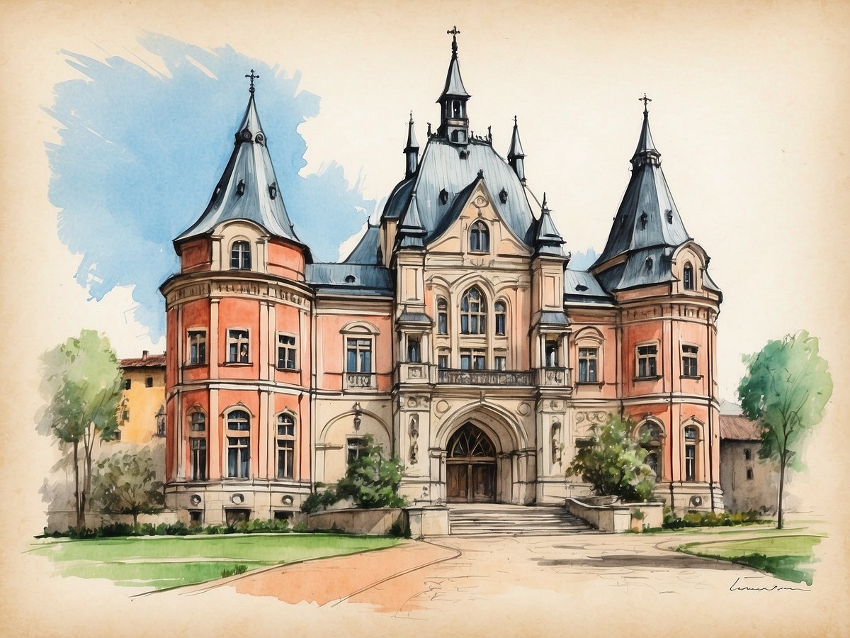 Das Bild zeigt das Valentin Karlstadt Musäum in München, ein historisches Gebäude mit einer beeindruckenden Architektur. Der dreigeteilte Bau hat eine auffällige Fassade in sanften Rottönen und ist mit zahlreichen Fenstern und dekorativen Elementen verziert. Die hohen, spitzen Dächer und die kunstvollen Türmchen verleihen dem Gebäude einen märchenhaften Charakter. Vor dem Musäum sind Grünflächen und Bäume zu sehen, die die gepflegte Umgebung ergänzen. Der Himmel im Hintergrund ist hellblau mit leichten Wolken, was dem Gesamtbild eine freundliche Atmosphäre verleiht.