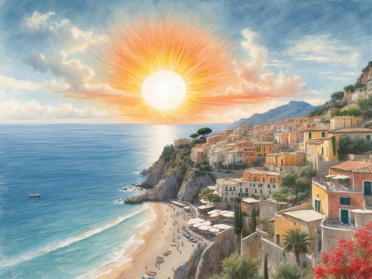 Eine malerische Küstenlandschaft zeigt die Costa Amalfi mit einem strahlenden Sonnenaufgang über dem tiefblauen Meer. Sanfte Wellen schlagen sanft gegen den goldenen Sandstrand, der von Urlaubern belebt wird. Bunte Häuser klettern die Hügel hinauf und sind von üppigem Grün und blühenden Pflanzen umgeben. Segelboote schippern entspannt auf dem Wasser, während der Himmel mit orangenen und gelben Farbtönen erleuchtet wird, was die italienische Lebensfreude perfekt einfängt.