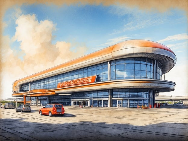 Auf dem Bild ist ein modernes Gebäude zu sehen, das an eine futuristische Tankstelle oder ein Einkaufszentrum erinnert. Es hat große Glasfenster und eine auffällige orangefarbene Akzentuierung. Diese Art von Architektur könnte gut zu den verschiedenen Attraktionen im Miniatur Wunderland passen, wo detailgetreue Nachbildungen von urbanen Landschaften, Verkehrsanlagen und futuristischen Designs zu finden sind. Im Miniatur Wunderland sind beispielsweise bahnähnliche Strukturen und faszinierende Szenarien wie Flughäfen und Stadtlandschaften zu entdecken, die das kreative Spiel mit Dimensionen und Perspektiven zeigen.