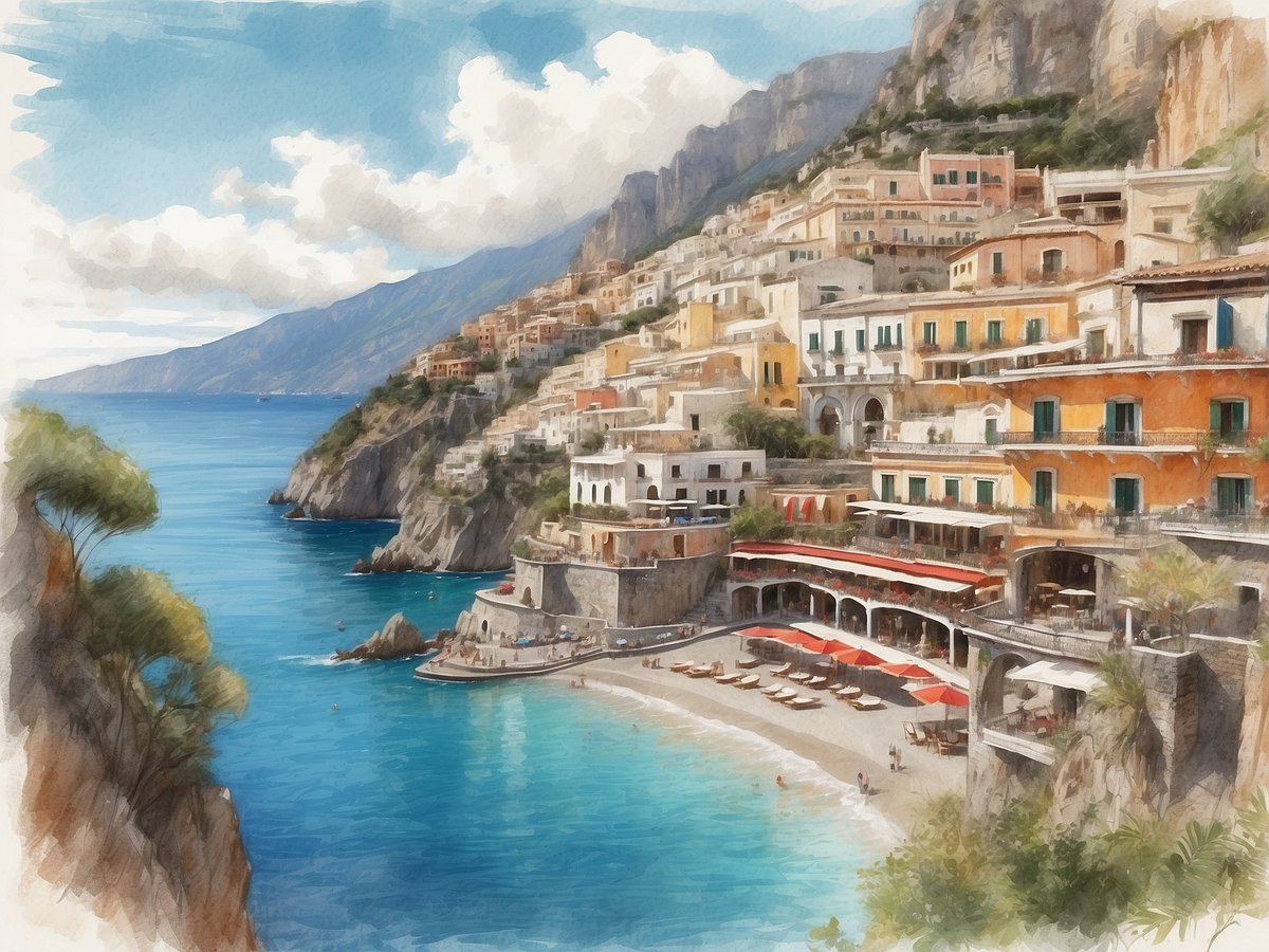 Wunderschöne Küstenlandschaft an der Costiera Amalfitana in Positano, mit bunten Hausfassaden, die an steilen Felsen liegen. Das klare, türkisblaue Wasser lädt zum Baden ein und zeigt einen kleinen Strand, der mit Sonnenliegen ausgestattet ist. Im Hintergrund erheben sich majestätische Berge unter einem hellen, teilweise bewölkten Himmel. Kleine Boote sind auf dem Wasser zu sehen, während der Ort eine idyllische und einladende Atmosphäre ausstrahlt.