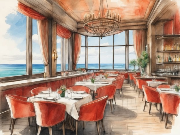 Auf dem Bild ist ein elegantes Restaurant zu sehen. Es verfügt über große Fenster, die einen Blick auf das Meer bieten. Die Einrichtung ist stilvoll mit roten Stühlen und weißen Tischtuchdecken. Der Raum ist hell erleuchtet, und die Atmosphäre wirkt einladend und luxuriös. Im Hintergrund gibt es eine Bar, die mit Getränken und Dekorationen ausgestattet ist. Die gesamte Gestaltung vermittelt ein Gefühl von Exklusivität und Komfort, ideal für ein gehobenes Essen oder einen besonderen Anlass.