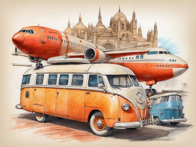 Auf dem Bild sind verschiedene Verkehrsmittel zu sehen, darunter ein orangefarbener VW-Bus und zwei weitere Kleinwagen, die aus der gleichen Modellreihe stammen. Im Hintergrund steht ein großes, rotes Flugzeug, das an einem Flughafen geparkt sein könnte, möglicherweise zur Wartung oder Präsentation. Zu den dargestellten Dienstleistungen und Einrichtungen sowie Anbindungen könnten Verkehrs- und Transportdienste, Flughafeninfrastrukturen und eventuelle Tourismusangebote gehören. Die Szene vermittelt den Eindruck von Mobilität und Reisemöglichkeiten.