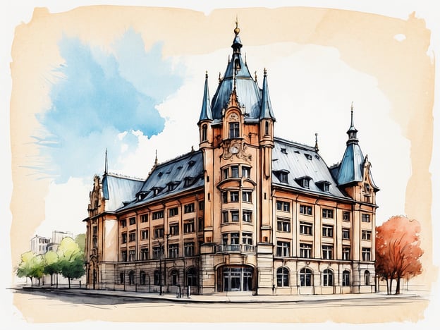 Auf dem Bild ist ein Rathaus zu sehen, das in einem architektonischen Stil gestaltet ist, der reich an Detail und Eleganz ist. Die Fassade ist aus roten Ziegeln und Stein, was dem Gebäude ein stattliches Erscheinungsbild verleiht. Die Dachkonstruktion ist komplex mit mehreren Türmen und Erkern, die die Verticalität betonen. Verzierungen an den Fenstern und der Eingangstür sowie dekorative Elemente an den Giebeln unterstreichen den historischen Charakter des Rathauses. Um das Gebäude herum sind Bäume zu erkennen, die eine angenehme Umgebung schaffen.