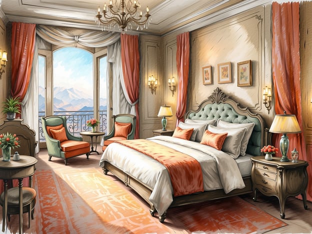 Auf dem Bild ist ein elegant eingerichtetes Hotelzimmer zu sehen, das mit einem großen Bett, bequemen Sessel und einem kleinen Tisch ausgestattet ist. Die Gestaltung ist stilvoll mit sanften Farben und einem schönen Ausblick auf die Berge durch große Fenster. 

Mögliche Zimmeroptionen im AltaVista CasaHotel könnten wie folgt aussehen:

1. **Deluxe Doppelzimmer**: Geräumig mit Blick auf die Berge und hochwertiger Ausstattung.
2. **Junior Suite**: Bietet zusätzlichen Platz mit einem separaten Wohnbereich.
3. **Familienzimmer**: Ideal für Familien mit mehreren Betten und mehr Platz.
4. **Romantikzimmer**: Für Paare, ausgestattet mit besonderen Annehmlichkeiten.

Alle Zimmer bieten eine komfortable und stilvolle Atmosphäre für einen entspannten Aufenthalt.