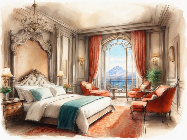 In unserem Zimmer können Sie eine elegante und luxuriöse Atmosphäre erleben. Es verfügt über ein großes, bequemes Bett mit einer stilvollen Kopfzeile und weichen Kissen. Die Einrichtung ist geschmackvoll mit edlen Möbeln, darunter ein Nachttisch und bequeme Sessel in einem warmen Rot. 

Durch die großen Fenster genießen Sie einen atemberaubenden Ausblick auf die Berge, während die sanften Vorhänge und die kunstvollen Leuchten eine gemütliche Stimmung schaffen. In einem kleinen Bereich steht ein Tisch für entspannte Momente. Pflanzen sorgen für einen Hauch von Frische und Lebendigkeit in diesem ansprechenden Raum.