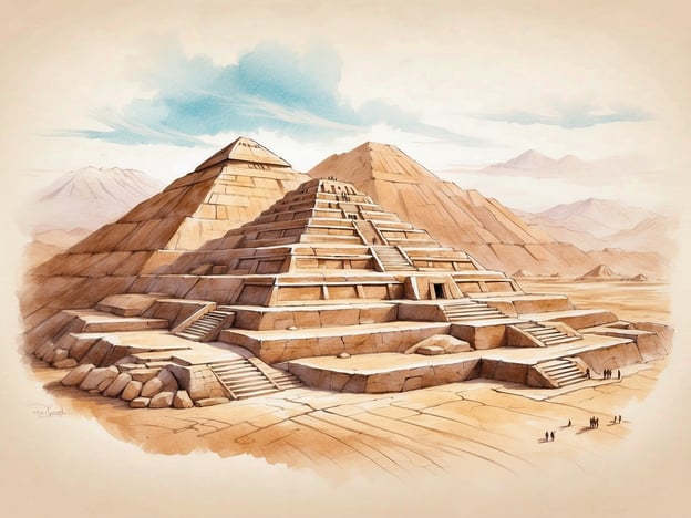 Auf dem Bild ist eine künstlerische Darstellung einer beeindruckenden, treppenförmigen Pyramide zu sehen, umgeben von einer Wüstenlandschaft. Die pyramidenartige Struktur erinnert an die alten Bauwerke der Nasca-Kultur in Peru, die bekannt für ihre monumentalen architektonischen Stätten sind. 

Wenn du die historischen Stätten von Nasca erkunden möchtest, wirst du auf faszinierende Geoglyphen stoßen, die riesige Figuren in den Boden geschnitten sind, sowie verschiedene archäologische Relikte, die Einblicke in die Kultur und Lebensweise der alten Nasca-Gesellschaft geben. Diese Stätten sind nicht nur historisch bedeutend, sondern auch beeindruckend und ziehen viele Besucher an, die die Geheimnisse dieser alten Zivilisation entdecken möchten.