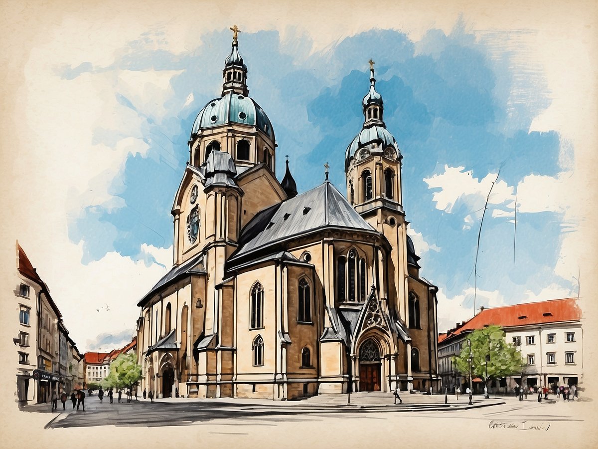 Die Abbildung zeigt den Alten Peter in München, eine beeindruckende Kirche mit markanten Türmen und einer charakteristischen Fassade. Die Architektur ist im neugotischen Stil gehalten und wird von einem klaren blauen Himmel und einigen weißen Wolken umrahmt. Auf dem Platz vor der Kirche sind Menschen und Bäume zu sehen, die dem Szenario eine lebendige Atmosphäre verleihen. Die Farben sind hell und die Details der Architektur sind deutlich erkennbar, was die Schönheit und den historischen Charme des Gebäudes betont.