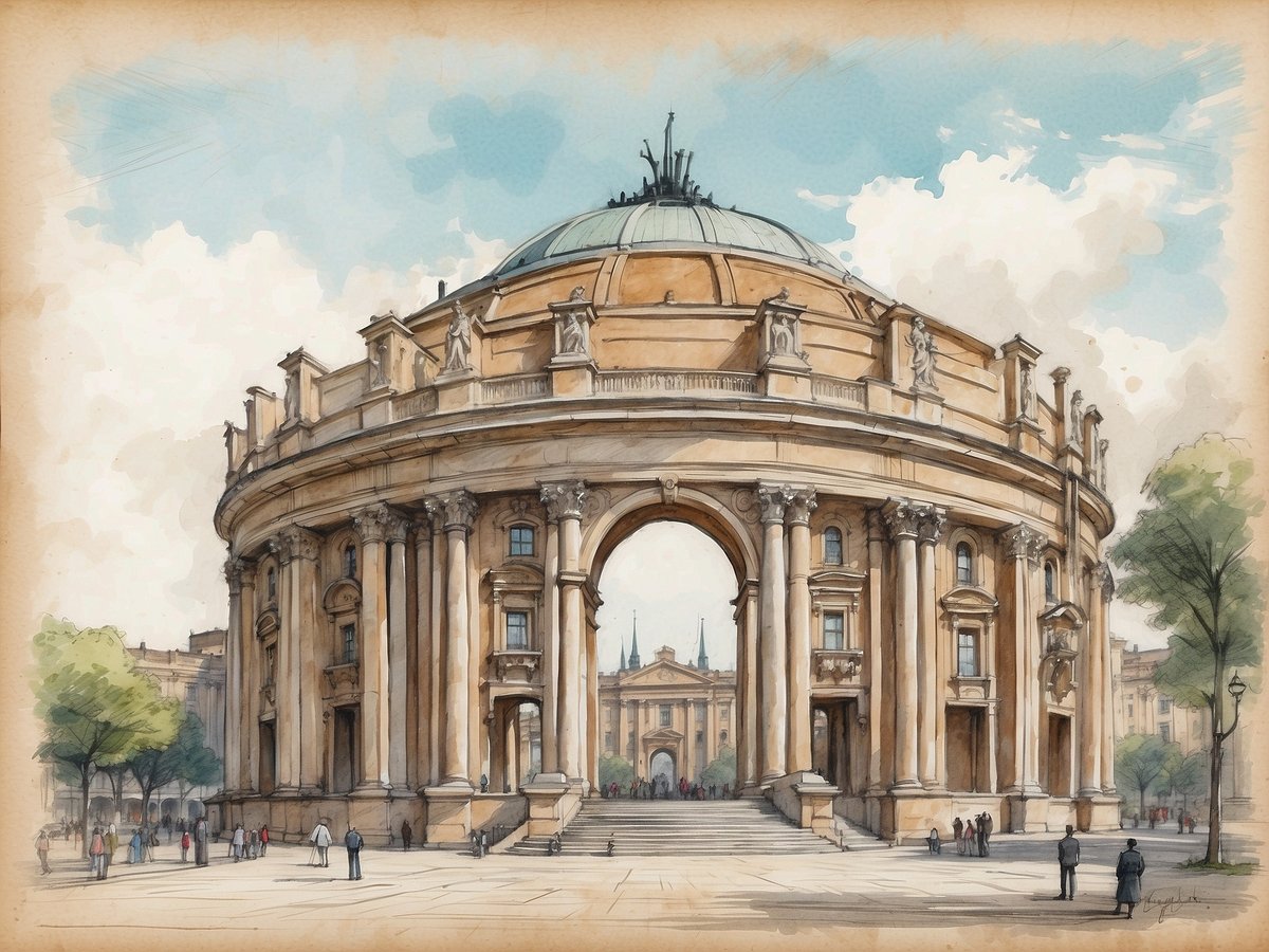 Eine beeindruckende architektonische Struktur ist im Vordergrund zu sehen, die mit großen Säulen verziert ist und eine Kuppel aufweist. Der Rundbau strahlt Eleganz und historische Bedeutung aus. Menschen schlendern um die Einheit herum, während einige auf den Treppen stehen. Im Hintergrund sind Bäume und weitere Gebäude zu erkennen, die zum städtischen Ambiente von Rom beitragen. Der Himmel ist hell und leicht bewölkt, was eine angenehme Atmosphäre schafft.