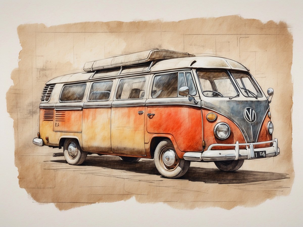 Ein vintage Volkswagen Bus steht auf einer leicht verwaschenen, braunen Hintergrundfläche. Der Bus hat ein charakteristisches, zweifarbige Design in Orange und Grau. Die Fenster sind groß und der Bus hat eine markante Frontpartie mit dem VW-Logo. Der Dachträger ist sichtbar, was auf Reisen hinweist. Die gesamte Darstellung wirkt nostalgisch und künstlerisch, als wäre sie mit Aquarellfarben gemalt worden.