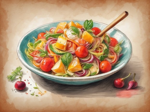 Auf dem Bild ist ein farbenfroher Salat zu sehen, der eine Vielzahl kulinarischer Genüsse bietet. Der Salat besteht aus frischen Tomaten, Paprika, Zwiebeln und wahrscheinlich auch Gurken, die miteinander vermischt sind. Außerdem sind würzige Kräuter wie Basilikum hinzugefügt, die dem Gericht eine aromatische Note verleihen. Die bunten Zutaten und die ansprechende Präsentation laden dazu ein, diesen gesunden Snack oder Beilage zu genießen und bieten eine perfekte Kombination aus frischen Aromen und knuspriger Textur.