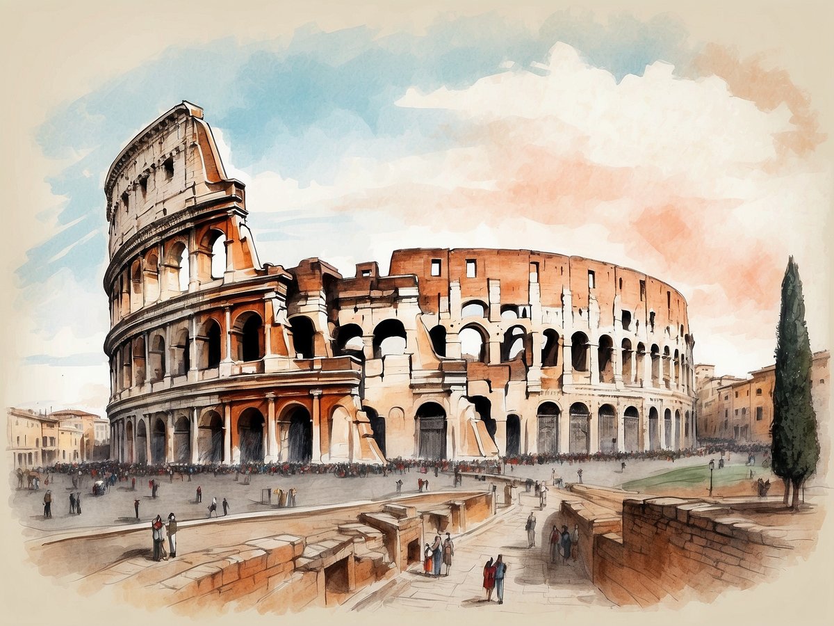 Das Bild zeigt das Kolosseum in Rom, ein beeindruckendes antikes Amphitheater, das farbenfrohe Wasserfarben darstellt. Die markante, mehrstöckige Fassade des Kolosseums mit ihren Bögen und Säulen ist deutlich erkennbar. Umgeben von einer lebhaften Umgebung stehen Menschen auf dem Platz davor, während im Hintergrund typisch römische Gebäude und Architektur zu sehen sind. Der Himmel ist in sanften Blau- und Rosatönen gefärbt, was eine ruhige und eindrucksvolle Atmosphäre vermittelt.