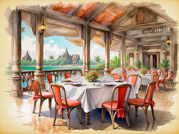 Auf dem Bild ist ein elegantes Restaurant im Angkor Resort zu sehen. Der Raum ist hell und luftig gestaltet mit einer schönen Aussicht auf Wasser und tropische Landschaften. Die Tische sind festlich gedeckt, mit weißen Tischdecken und roten Akzenten. Diese kulinarischen Erlebnisse im Angkor Resort bieten eine gemütliche Atmosphäre, die ideal für besondere Anlässe ist. Die Kombination aus traditioneller Architektur und modernem Komfort lädt Gäste ein, exquisite Gerichte zu genießen, während sie die atemberaubende Umgebung bewundern.