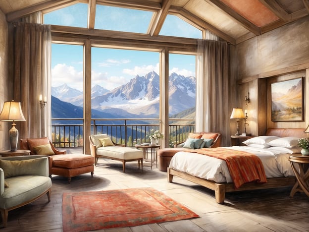 Auf dem Bild ist ein gemütliches, modernes Zimmer in einem Resort zu sehen. Das Zimmer hat große Fenster, die einen atemberaubenden Blick auf eine Berglandschaft bieten. Die Inneneinrichtung ist in warmen Farben gehalten, mit einem großen Bett, Sesseln und einem kleinen Tisch. Der Raum wirkt einladend und hell, mit viel natürlichem Licht.

Wenn wir den Überblick über das Guiyang Resort betrachten, könnte es sich um ein luxuriöses Feriendomizil handeln, das in einer malerischen, bergigen Umgebung liegt. Das Resort bietet wahrscheinlich eine Kombination aus Komfort, eleganter Einrichtung und Zugang zu Naturerlebnissen, was ideal für Erholungssuchende und Naturliebhaber ist.