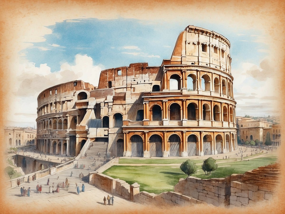 Das Bild zeigt das Kolosseum in Rom, eines der ikonischsten Bauwerke der antiken Welt. Es ist eine große, elliptische Arena, umgeben von historischen Ruinen und einer weitläufigen Landschaft. Der Himmel ist teilweise bewölkt und die Atmosphäre ist lebhaft mit Besuchern, die die Stufen der Arena hinauf- und hinuntergehen. Die Architektur weist eindrucksvolle Bögen und Stockwerke auf, die in warmen Farbtönen dargestellt sind. Im Vordergrund sind Bäume und eine grüne Fläche zu sehen, die dem Bild eine natürliche Note verleihen. Die Szene fängt die majestätische Präsenz und die kulturelle Bedeutung des Kolosseums inmitten der römischen Geschichte und Architektur ein.