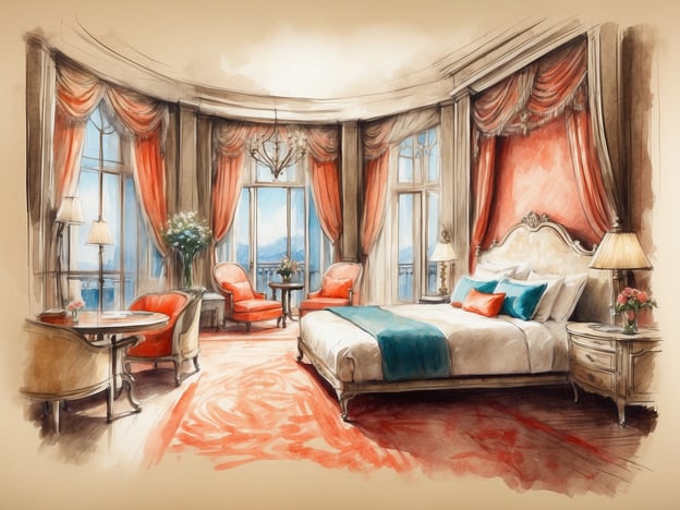 Auf dem Bild ist ein luxuriöses Schlafzimmer zu sehen, das Eleganz und Stil ausstrahlt. Die großen Fenster lassen viel Licht hinein und bieten einen atemberaubenden Ausblick auf die Umgebung. Die Einrichtung ist opulent, mit einem großen, einladenden Bett und stilvollen Möbeln, die eine angenehme Atmosphäre schaffen.

Zu den luxuriösen Aktivitäten, die in solch einer Unterkunft möglich sind, gehören entspannende Momente in der komfortablen Sitzecke, wo man bei einer Tasse Tee oder Kaffee die Aussicht genießen kann. Auch ein romantisches Frühstück im Zimmer oder exklusive Spa-Behandlungen könnten Teil des Aufenthalts sein. Die Kombination aus Komfort und Ästhetik macht den Aufenthalt zu einem unvergesslichen Erlebnis.