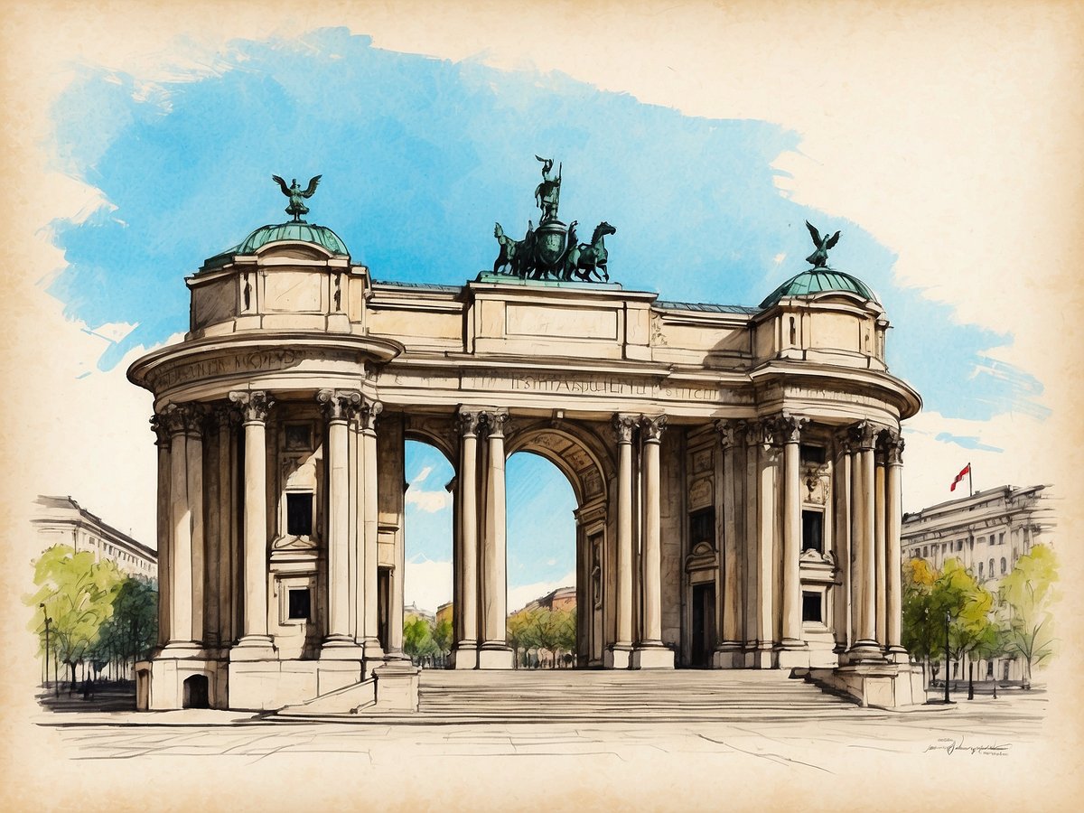 Die Abbildung zeigt das Siegestor in München, einen monumentalen Triumphbogen mit mehreren Säulen und einem großen Torbogen in der Mitte. Auf dem Dach stehen bronzene Statuen von vier Pferden, die von einer auf dem Wagen stehenden Figur begleitet werden. Der Himmel ist blau mit einigen Wolken, und der Hintergrund zeigt die Architektur der umliegenden Gebäude sowie Bäume, die dem Bild eine lebendige Atmosphäre verleihen.