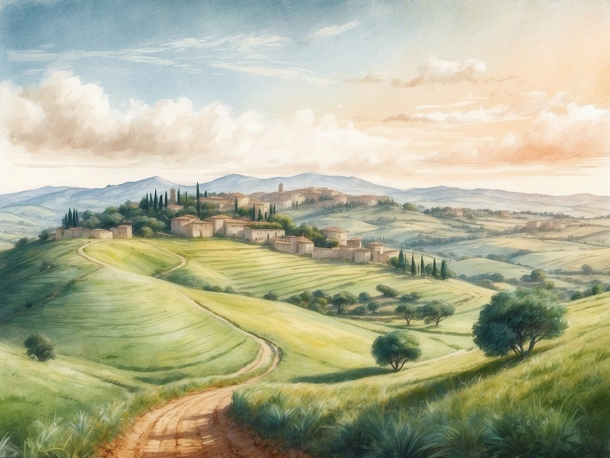Eine sanfte Hügellandschaft mit üppig grünen Feldern und sanften Hügeln dominiert das Bild. Im Vordergrund führt ein geschwungener Weg durch die Landschaft, gesäumt von einigen Bäumen. In der Mitte erhebt sich ein kleines Dorf mit niedrigen Gebäuden, umgeben von hohen Zypressen, die typisch für die Region sind. Im Hintergrund sind sanfte Berge zu sehen, die den Horizont umrahmen, während der Himmel in warmen Farben leuchtet, die auf einen Sonnenuntergang hindeuten. Diese idyllische Darstellung erinnert an die friedliche Natur rund um Rom.