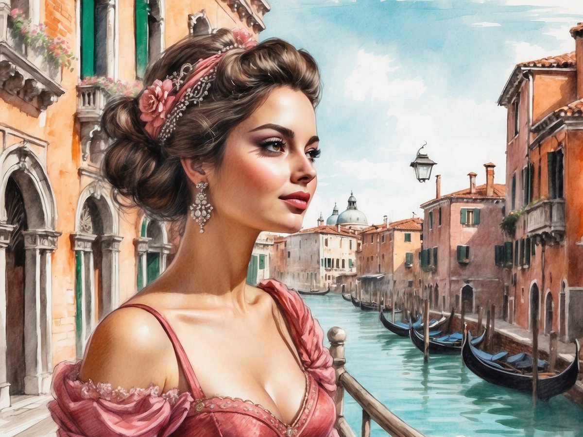 Eine elegant gekleidete Frau mit folkloristischem Schmuck und geschmackvoller Frisur blickt mit einem sanften Lächeln auf einen malerischen Wasserkanal in Venedig. Die markanten historischen Gebäude mit ihren schönen Fensterläden und Balkonen prägen die Szenerie. Im Hintergrund sind mehrere Gondeln am Ufer angelegt, während sich die sanften Wellen des Wassers spiegeln. Über dem Kanal erhellt ein blauer Himmel die romantische Atmosphäre der Stadt.