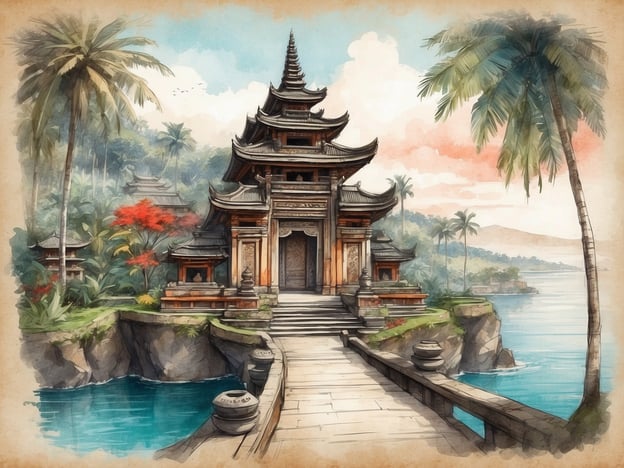 Auf dem Bild ist ein beeindruckender balinesischer Tempel zu sehen, umgeben von üppiger Natur und tropischen Pflanzen. Die Architektur ist typisch für Bali, mit geschwungenen Dächern und detaillierten Verzierungen. Im Vordergrund gibt es eine Holzbrücke, die zu dem Tempel führt, während im Hintergrund sanfte Hügel und das Meer zu erkennen sind. Die Szene strahlt eine friedliche Atmosphäre aus und zeigt die natürliche Schönheit und kulturelle Pracht Balis.