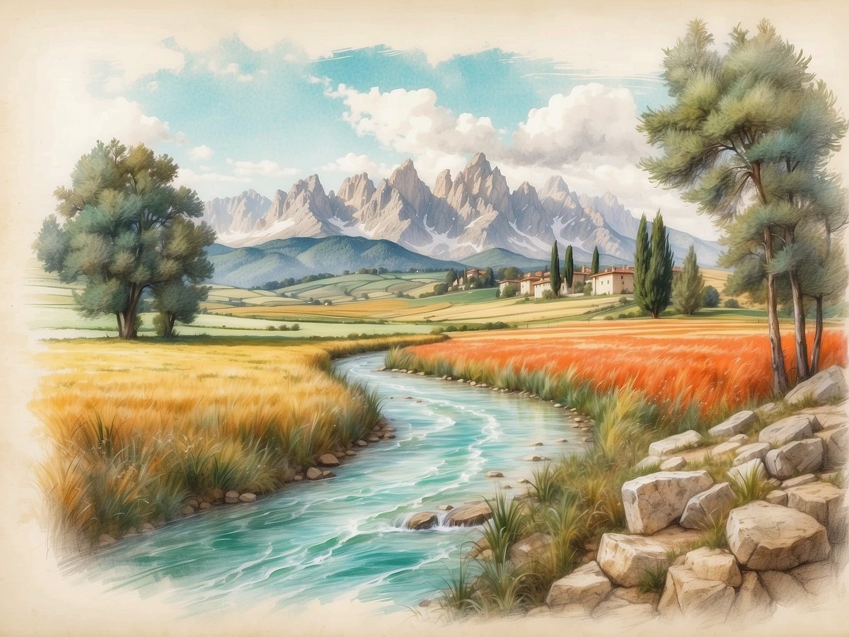 Ein malerisches Landschaftsbild mit sanften Hügeln, die von goldenen und grünen Feldern geprägt sind. Im Vordergrund fließt ein klarer, türkisfarbener Bach, umgeben von üppigem Gras und Büschen. Links steht ein großer Baum, während rechts eine Gruppe schlanker Zypressen zu sehen ist. Im Hintergrund erheben sich majestätische Berge unter einem leicht bewölkten Himmel. In der Ferne sind einige traditionelle Gebäude sichtbar, die harmonisch in die Umgebung integriert sind.