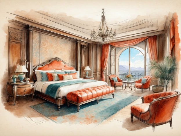 Auf dem Bild ist ein elegantes Hotelzimmer zu sehen, das durch seine opulente Einrichtung besticht. Besonders hervorstechend sind die großen Fenster, die einen herrlichen Ausblick auf die Berge bieten und den Raum mit natürlichem Licht durchfluten. Die Farbgebung des Zimmers in sanften Blau- und Orangetönen vermittelt eine warme und einladende Atmosphäre. 

Der hochherrschaftliche Bettrahmen mit kunstvollen Verzierungen und die luxuriösen Sitzmöbel, die im klassischen Stil gehalten sind, verleihen dem Raum eine romantische Eleganz. Der Kronleuchter an der Decke trägt zur glamourösen Atmosphäre bei, während die stilvollen Vorhänge und der Teppich das Gesamtbild harmonisch abrunden.