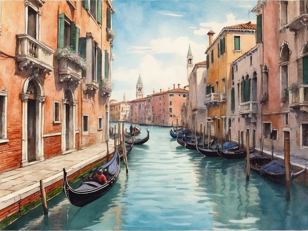 Eine malerische Ansicht eines venezianischen Kanals mit einer Reihe von Gondeln, die sanft im Wasser liegen. Zu beiden Seiten des Kanals sind charmante Häuser mit schmalen, bunten Fassaden und grünen Fensterläden zu sehen. Einige Gebäude sind mit Blumen geschmückt, die an den Balkonen hängen. Im Hintergrund sind Kirchtürme und weitere Gebäude sichtbar, die die typische Architektur Venedigs widerspiegeln. Der Himmel ist blau mit vereinzelten weißen Wolken, was eine sonnige Tagesstimmung vermittelt. Das Bild fängt das Alltagsleben der Einwohner in der Lagunenstadt ein und lädt dazu ein, die einzigartige Atmosphäre Venedigs zu erleben.
