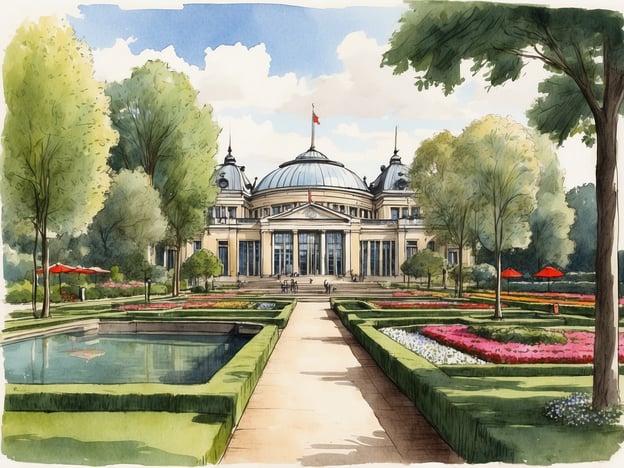 Auf dem Bild ist ein malerischer Park zu sehen, der mit schön angelegten Gartenanlagen und Blumenbeeten gestaltet ist. Im Hintergrund steht ein prächtiges Gebäude mit einer großen Kuppel, das durch seine architektonische Eleganz besticht. Rund um das Gebäude sind Bäume, die Schatten spenden, und einige rote Sonnenschirme, die für eine einladende Atmosphäre sorgen. Der Park wirkt wie ein Ort der Erholung und des Genusses, ideal für Spaziergänge oder um sich mit Freunden zu treffen. Die harmonische Verbindung von Natur und Architektur zeigt die Schönheit des Lebens im Freien und lädt Besucher ein, die frische Luft und die ruhige Umgebung zu genießen.