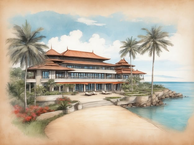 Auf dem Bild ist ein luxuriöses Resort zu sehen, das an der Desaru Coast liegt, möglicherweise inspiriert von Anantara Hotels & Resorts. Die Architektur zeigt ein elegantes Gebäude mit einem traditionellen asiatischen Dach, umgeben von tropischen Pflanzen und Palmen. Der Blick auf das Meer und die einladende Terrasse betonen den luxuriösen Charakter des Ortes, der sich ideal für Entspannung und Erholung eignet.