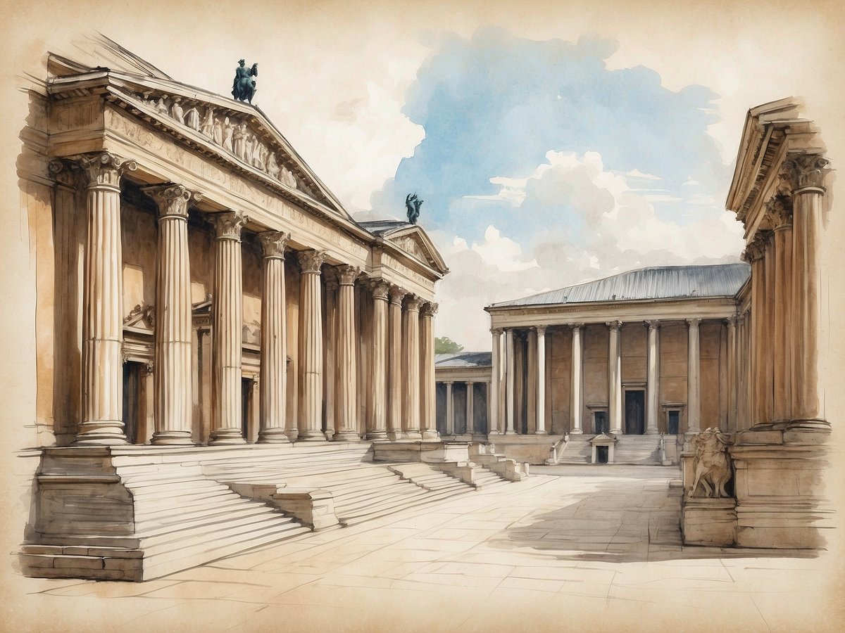 Die Glyptothek in München ist im Bild zu sehen. Das historische Gebäude zeigt eine beeindruckende Fassade mit Säulen, die im klassischen Stil gestaltet sind. Die Sicht auf die monumentalen Treppen und den Innenhof vermittelt eine Atmosphäre von Größe und Architektur. Im Hintergrund sind weitere Gebäudeteile erkennbar, die harmonisch in das Gesamtbild integriert sind. Der Himmel ist teilweise bewölkt und strahlt eine ruhige Stimmung aus.