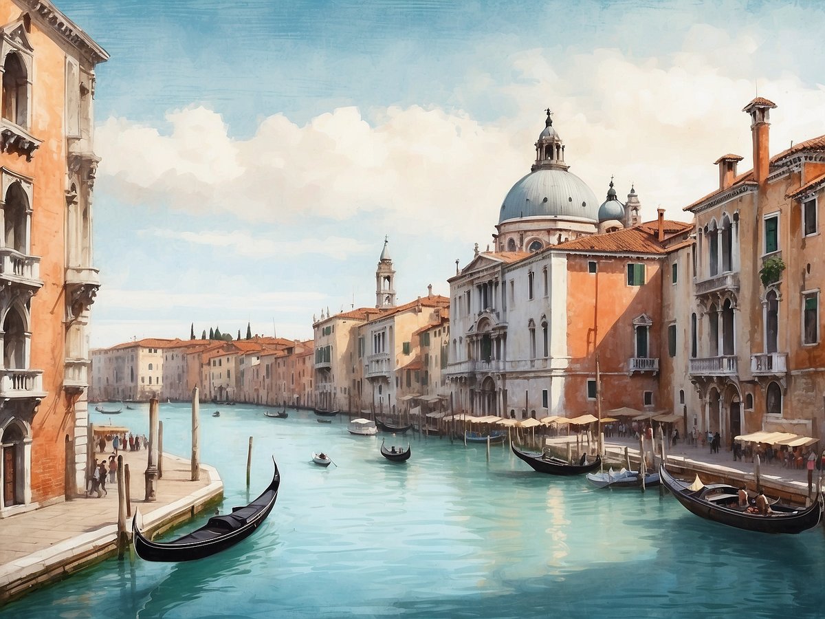 Ein malerischer Blick auf einen Kanal in Venedig, umgeben von historischen Gebäuden mit bunten Fassaden. Im Wasser sind mehrere typische Gondeln zu sehen, während am Ufer Menschen spazieren. Die Architektur wird durch die sanften Farben des Himmels und die reflektierenden Wasseroberflächen hervorgehoben. Im Hintergrund erheben sich charakteristische Kuppeln und Türme, die das ikonische Stadtbild Venedigs prägen. Die Szene strahlt eine ruhige Atmosphäre aus und vermittelt ein Gefühl von zeitloser Schönheit.