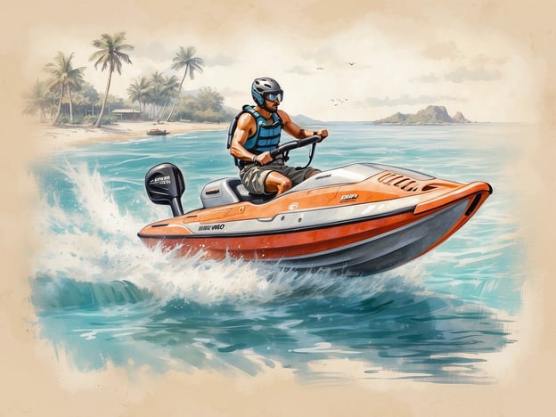 Auf dem Bild ist eine Person zu sehen, die mit einem Jetski über das Wasser fährt. Dies erinnert an die verschiedenen Aktivitäten, die man auf Dhigu genießen kann. 

Auf Dhigu kann man neben Jetski fahren auch:

1. **Schnorcheln**: Entdecken Sie die beeindruckende Unterwasserwelt mit bunten Fischen und Korallen.
2. **Tauchen**: Erleben Sie die faszinierenden Tauchspots in der Umgebung.
3. **Kayakfahren**: Erkunden Sie die ruhigen Gewässer und die umliegenden Inseln.
4. **Spa-Behandlungen**: Gönnen Sie sich Entspannung und Wellness in einem der örtlichen Spas.
5. **Strandaktivitäten**: Genießen Sie die Sonne und das klare Wasser an den schönen Stränden.

Dhigu bietet eine Vielzahl an Möglichkeiten für Abenteuer und Entspannung!