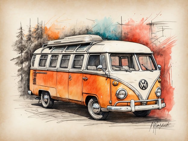 Auf dem Bild ist ein klassischer VW-Bus zu sehen, der in orange und weiß lackiert ist. Er steht vermutlich in einer natürlichen Umgebung, umgeben von Bäumen, die für eine entspannte Parkatmosphäre sorgen. Die bunten Farbverläufe im Hintergrund erinnern an eine lebendige und kreative Atmosphäre, die oft in entspannten Freizeitparks oder auf Campingausflügen zu finden ist. Dies könnte ein beliebter Anblick in einem Park sein, wo Menschen oft mit Freunden oder der Familie Zeit verbringen.