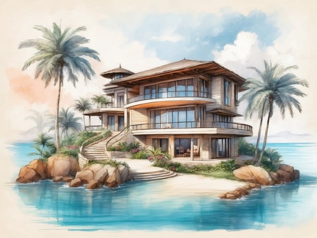 Auf dem Bild ist ein elegantes, modernes Haus auf einer malerischen Insel zu sehen, umgeben von Palmen und türkisfarbenem Wasser. Diese Darstellung erinnert an die Naladhu Private Island, die in den Malediven liegt. Naladhu ist bekannt für seine luxuriösen Villen, die Privatsphäre und Exklusivität bieten. Die Gäste können dort entspannen, das klare Wasser genießen und die unberührte Natur erleben. Die Architektur ist harmonisch in die tropische Umgebung integriert und bietet einen atemberaubenden Blick auf das Meer. Ideal für einen traumhaften Aufenthalt in einem paradiesischen Ambiente.