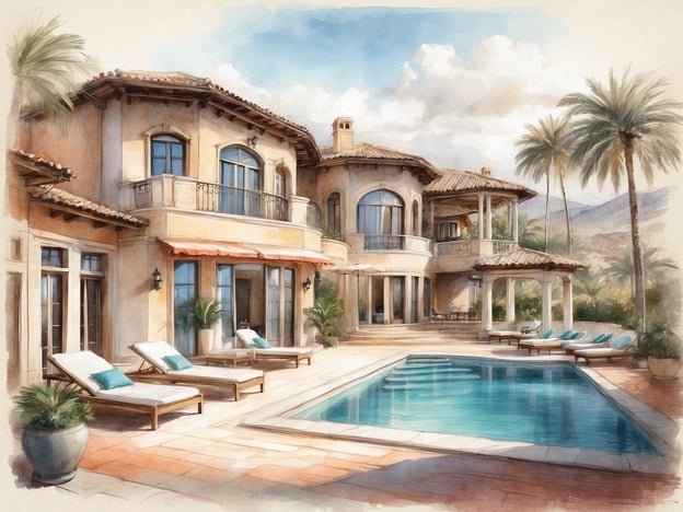 Auf dem Bild ist eine elegante Villa zu sehen, die sich mit Blick auf einen Pool und eine gepflegte Außenanlage präsentiert. Die Unterkunft bietet umfangreiche Ausstattungselemente:

- **Exterieur**: Die Villa hat eine mediterrane Architektur mit einem großzügigen überdachten Bereich und großen Fenstern, die viel Licht ins Innere lassen.
- **Poolbereich**: Ein ansprechender Swimmingpool ist vorhanden, umgeben von Sonnenliegen, die zum Entspannen einladen.
- **Garten**: Der Außenbereich ist mit Palmen und Pflanzen gestaltet, was ein tropisches Ambiente schafft.
- **Terrasse**: Es gibt eine großzügige Terrasse mit ausreichenden Sitzgelegenheiten, die ideal für gesellschaftliche Zusammenkünfte ist.

Insgesamt vermittelt die Villa einen luxuriösen und einladenden Eindruck, perfekt für einen erholsamen Aufenthalt.