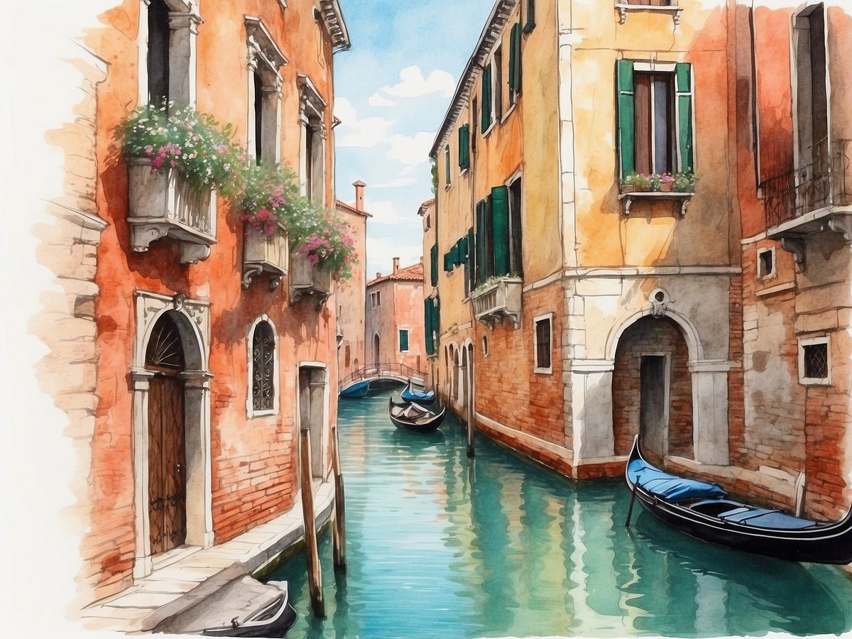 Ein malerischer Venezianischer Kanal, umgeben von traditionell verzierten Häusern, die in warmen Erdtönen gestrichen sind. Höhere Gebäude mit grünen Fensterläden und bunten Blumen in Balkonkästen sorgen für eine lebendige Atmosphäre. Im Wasser spiegeln sich die Farben der Fassaden, während sanfte Wellen von den angelegten Gondeln erzeugt werden. Ein kleiner, malerischer Brücke verbindet die beiden Seiten des Kanals, welcher in der Ferne sanft verläuft und eine friedliche Kulisse bietet, die zum Entdecken unbekannter Ecken der Stadt einlädt.