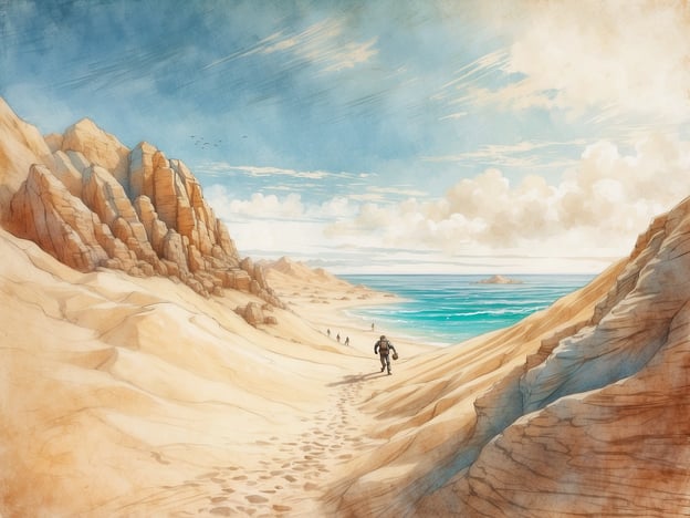 Auf dem Bild ist eine malerische Landschaft mit Sanddünen und Felsen zu sehen, die an Bazaruto Island erinnern könnte. Diese Insel bietet eine Vielzahl an Aktivitäten und Erlebnissen. Man könnte am herrlichen Strand entspannen, schnorcheln oder tauchen, um die faszinierende Unterwasserwelt zu erkunden. Die Gegend ist auch bekannt für Bootsfahrten, bei denen man Delfine beobachten kann. Wanderungen entlang der Küste bieten atemberaubende Ausblicke auf das Meer und die Natur. Ebenso sind die Sonnenuntergänge hier spektakulär und ein beliebter Moment für Touristen, um die Schönheit der Insel zu genießen.