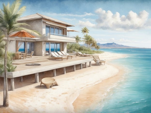 Auf dem Bild ist ein traumhaftes Strandhaus zu sehen, das an einem ruhigen Strand liegt. Es hat große Fenster, die einen Blick auf das Meer bieten, und ist von Palmen und einem Sandstrand umgeben. Die Terrasse ist mit Liegen und einem Sonnenschirm ausgestattet, was eine entspannte Atmosphäre vermittelt.

Das Medjumbe Island Resort ist ein luxuriöses Urlaubsresort, das auf einer privaten Insel im Quirimbas-Archipel in Mosambik gelegen ist. Es bietet eine Kombination aus herrlicher Natur, traumhaften Stränden und exklusiven Unterkünften. Die Besucher können zahlreiche Aktivitäten genießen, darunter Schnorcheln, Tauchen und Wellness-Behandlungen. Das Resort hat sich darauf spezialisiert, seinen Gästen einen unvergesslichen Aufenthalt in einer paradiesischen Umgebung zu bieten.