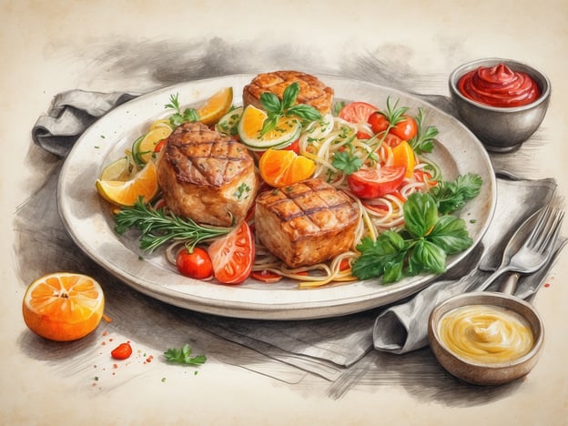 Auf dem Bild ist ein köstlicher Teller mit saftigen gegrillten Fleischstücken zu sehen, die appetitlich angerichtet sind. Um das Fleisch herum sind frische Spaghetti drapiert, garniert mit verschiedenen Zutaten wie Kirschtomaten, frischen Kräutern und leuchtenden Orangenstücken, die für einen fruchtigen Kontrast sorgen. Zudem gibt es eine cremige Sauce in einer kleinen Schüssel und eine Portion Ketchup, die als Beilagen dienen. Dieses Gericht vereint verschiedene Aromen und Farben, die zusammen ein kulinarisches Highlight darstellen.