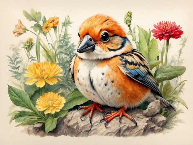 Auf dem Bild ist ein farbenfroher Vogel zu sehen, umgeben von einer Vielzahl von Blumen und Pflanzen. Der Vogel hat ein oranges Gefieder mit schwarz-weißen Musterungen und sitzt auf einem kleinen Stein. Die Blumen, darunter gelbe und rote Sorten, schaffen eine lebendige Atmosphäre, die die Schönheit der Natur und die Tierwelt der Alsterseen widerspiegelt. Solche Vögel könnten in feuchteren Gebieten in der Nähe von Seen und Blumenwiesen anzutreffen sein.