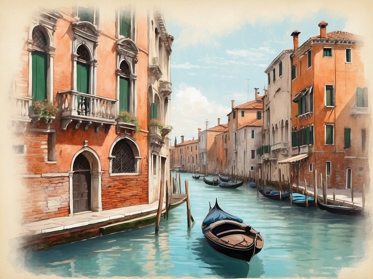 Eine malerische Ansicht eines Kanals in Venedig zeigt historische Gebäude mit orangefarbenen Fassaden und grünen Fensterläden. Blühende Pflanzen zieren die Fensterbalkone, während weiterhin Gondeln sanft im Wasser treiben. Die ruhige Atmosphäre vermittelt den Charme vergangener Zeiten in dieser ikonischen Stadt. Der Himmel ist klar und blau, was die Schönheit der Architektur und des Wassers unterstreicht.
