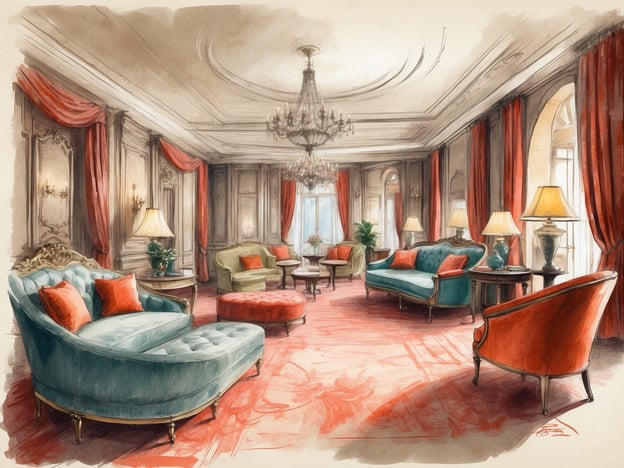 Auf dem Bild ist eine luxuriöse Unterkunft zu sehen, die elegant und geschmackvoll eingerichtet ist. Der Raum erinnert an eine opulente Lounge mit prächtigen Möbeln, darunter geschwungene Sofas in sanften Farben und stilvolle Sessel. Die Wände sind geschmückt mit kunstvollen Verzierungen und eleganten Vorhängen, während ein Kristalllüster von der Decke hängt. Diese Umgebung strahlt eine Atmosphäre von Komfort und Raffinesse aus. Die sanfte Beleuchtung und die geschmackvolle Dekoration schaffen einen einladenden und luxuriösen Raum.