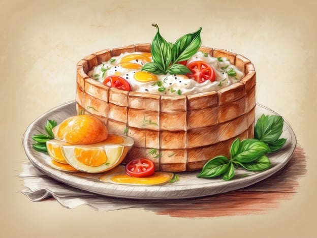 Auf dem Bild ist eine köstliche kulinarische Kreation zu sehen. In einem kunstvoll geflochtenen Waffelbecher sind verschiedene Zutaten vereint. Oben leuchten frische Kirschtomaten und Eier, die zusammen mit Kräutern wie Basilikum angereichert sind und einen appetitlichen Eindruck hinterlassen. 

Neben dem Waffelbecher liegen saftige Orangenschnitze, die für eine erfrischende Note sorgen. Diese Kombination aus herzhaften und fruchtigen Elementen macht das Gericht nicht nur ansprechend, sondern auch vielseitig und geschmackvoll. Ein wahrer Genuss für die Augen und den Gaumen!