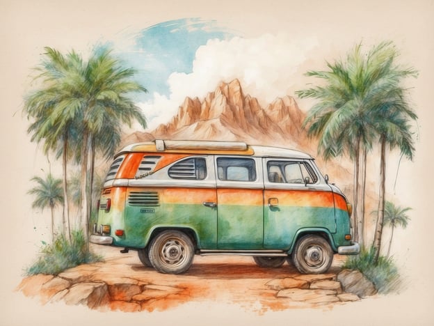 Auf dem Bild ist ein klassischer Volkswagen Bus zu sehen, der in einer natürlichen Umgebung mit Palmen und Bergen geparkt ist. Dieser Bus symbolisiert nachhaltiges Reisen und Umweltbewusstsein, da viele Menschen ihn mit dem Camping und Erforschen der Natur verbinden. Der Fokus auf die Umgebung deutet auf die Schönheit der Natur hin und erinnert uns daran, wie wichtig es ist, diese zu bewahren. Nachhaltigkeit in der Mobilität und im Reisen wird immer relevanter, um unseren ökologischen Fußabdruck zu minimieren und die natürlichen Ressourcen zu schonen.