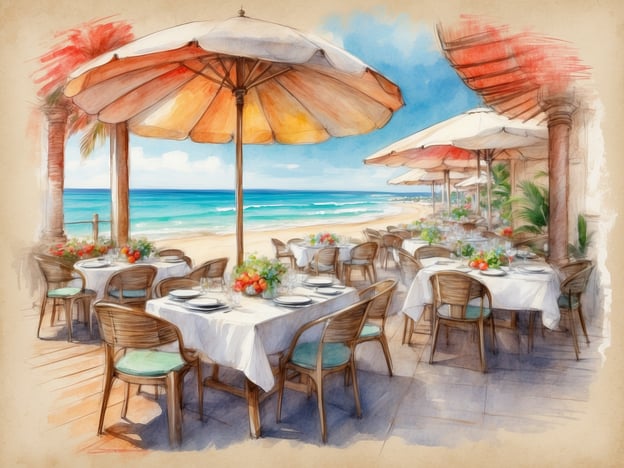 Auf dem Bild sieht man ein stilvolles Restaurant im Peace Haven Tangalle Resort. Die Tische sind elegant gedeckt und unter einigen großen Sonnenschirmen platziert, mit Blick auf den schönen Strand und das Meer. Die Atmosphäre wirkt einladend und entspannend, ideal für kulinarische Genüsse. Es könnten frische Meeresfrüchte, exotische Früchte und lokale Spezialitäten serviert werden, alles umgeben von einer malerischen Küstenlandschaft. Gäste können hier die Kombination von exzellenter Gastronomie und atemberaubender Aussicht genießen.