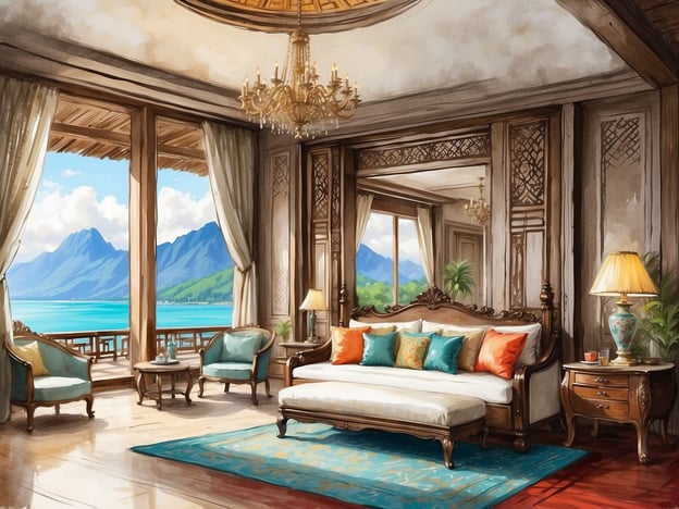 Auf dem Bild ist ein elegantes Wohnzimmer zu sehen, das durch große Fenster einen beeindruckenden Blick auf Berge und ein glitzerndes Wasser bietet. Die Einrichtung ist stilvoll mit einem bequemen Sofa, dekorativen Kissen und traditionellen Möbeln. Diese Art von Ambiente erinnert an die luxuriösen Unterkünfte, die man in Anantara Hotels & Resorts in Thailand finden kann, wo Komfort und ein atemberaubendes Naturerlebnis harmonisch kombiniert werden. Die Verwendung von Holz und hellen Farben schafft eine einladende Atmosphäre, die typisch für solche Resorts ist.